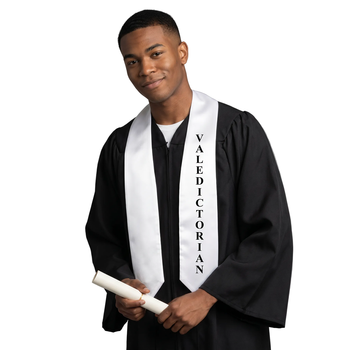 White Valedictorian Stole worn at graduation ceremony – white satin honor stole with black print