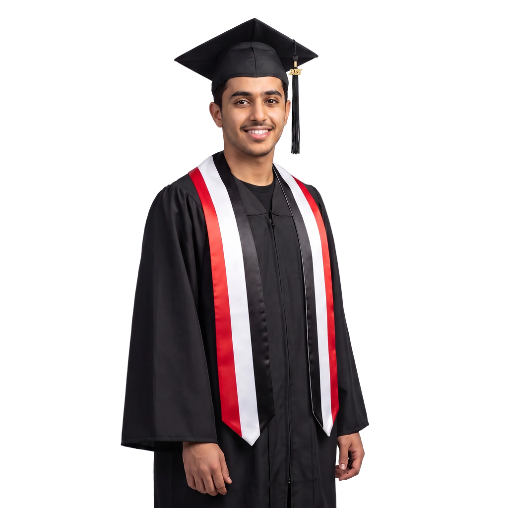 Yemen graduation stole with Yemeni flag design, graduation sash worn over a graduation gown