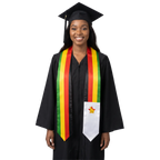 Zimbabwe graduation stole with Zimbabwean flag design, graduation sash worn over a graduation gown