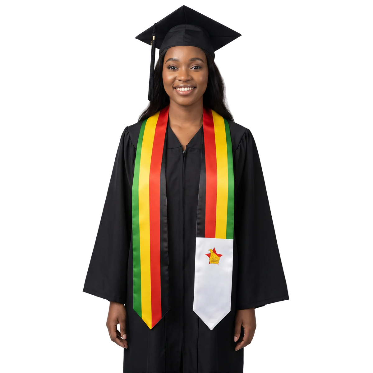 Zimbabwe graduation stole with Zimbabwean flag design, graduation sash worn over a graduation gown