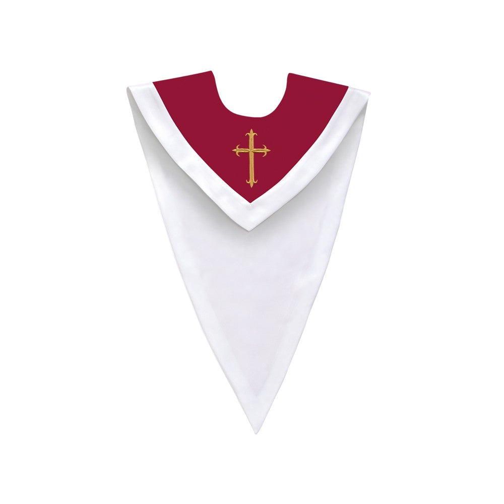 Maroon/White V-Neck Choir Stole with Cross - Stoles.com