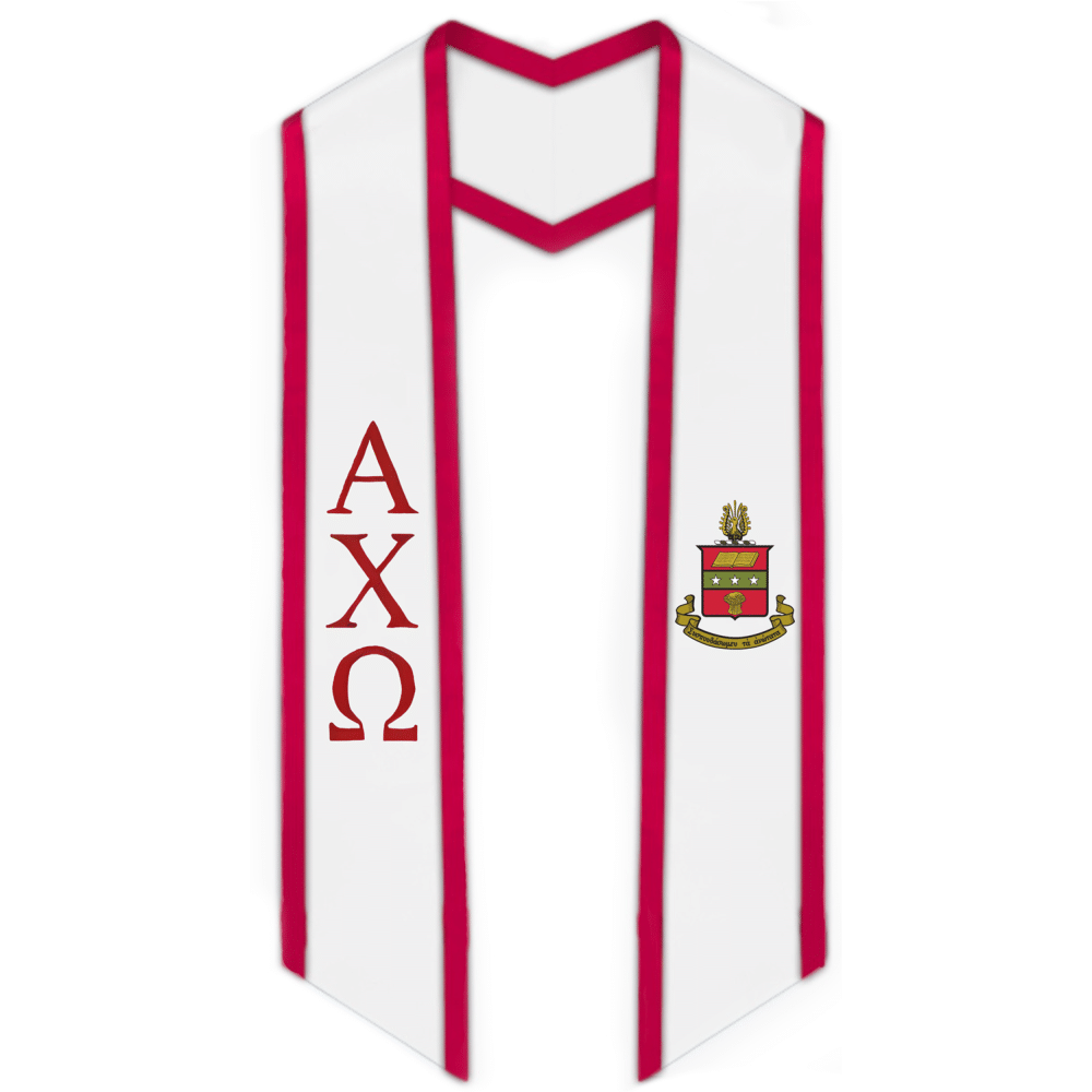Alpha Chi Omega Trimmed Greek Lettered Graduation Stole w/ Crest - Stoles.com