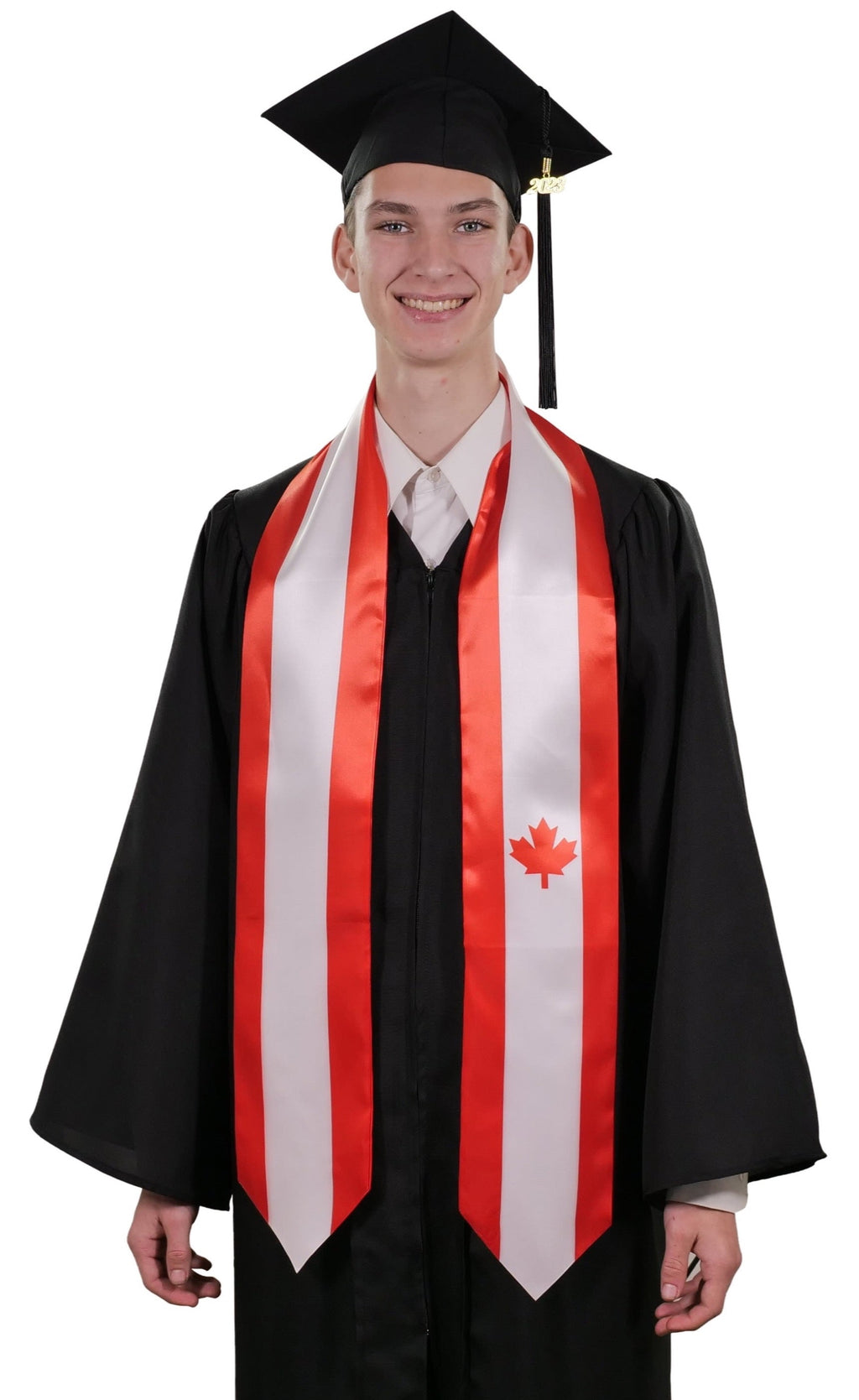 Canada graduation stole with Canadian flag design, graduation sash worn over a graduation gown