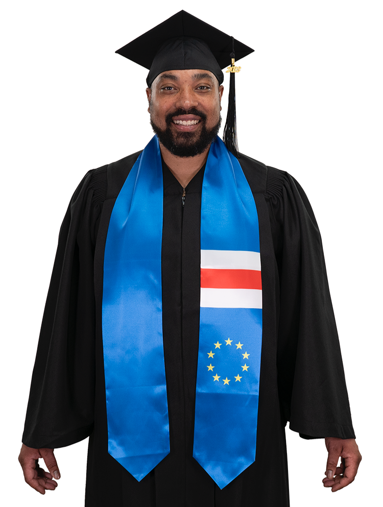 Cape Verde graduation stole with Cape Verdean flag design, graduation sash worn over a graduation gown