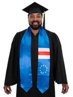 Cape Verde graduation stole with Cape Verdean flag design, graduation sash worn over a graduation gown