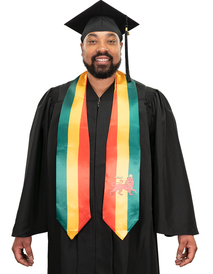 Ethiopia graduation stole with Ethiopian flag design, graduation sash worn over a graduation gown