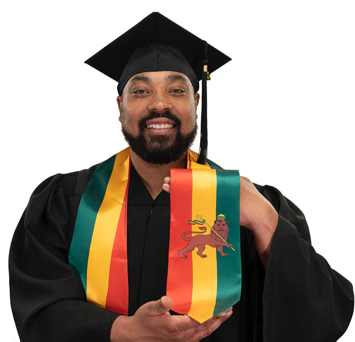 Ethiopia graduation stole with Ethiopian flag design, graduation sash worn over a graduation gown