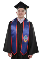 Guam graduation stole with Guam flag design, graduation sash worn over a graduation gown
