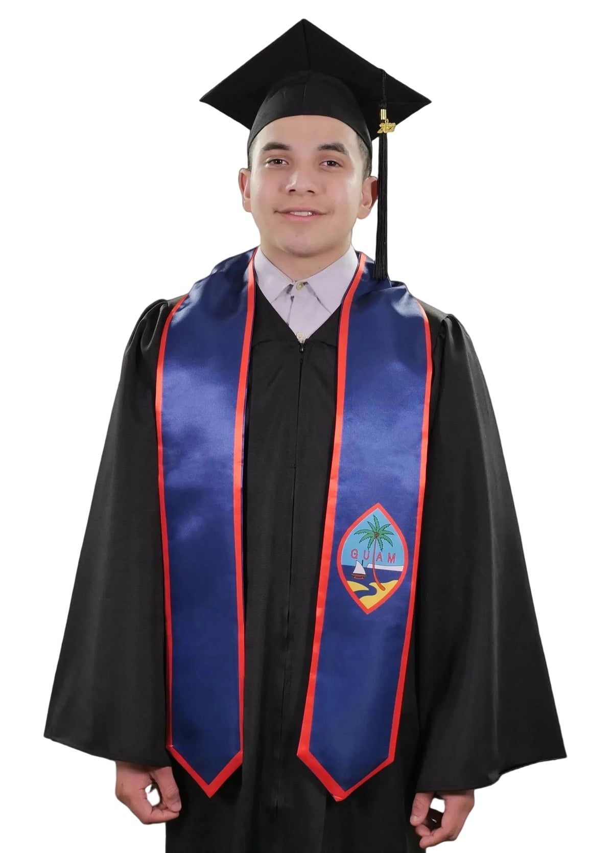 Guam graduation stole with Guam flag design, graduation sash worn over a graduation gown