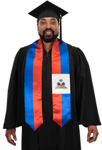 Haiti graduation stole with Haitian flag design, graduation sash worn over a graduation gown