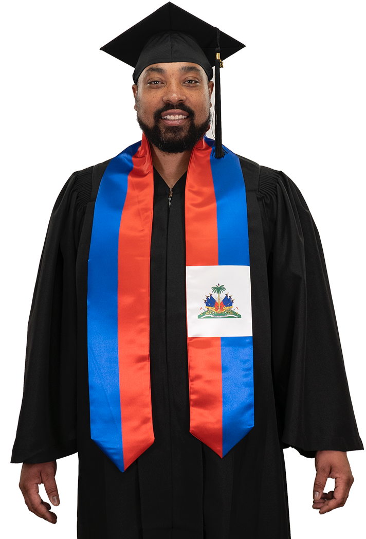 Haiti graduation stole with Haitian flag design, graduation sash worn over a graduation gown