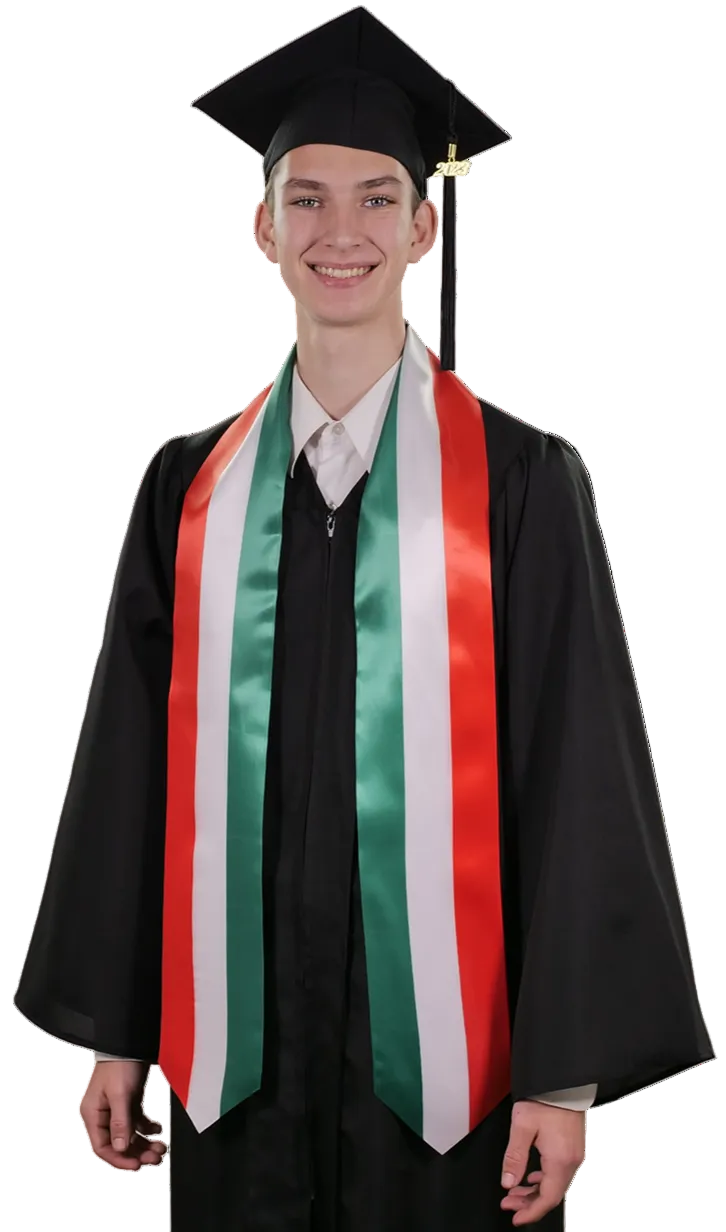 Italy graduation stole with Italian flag design, graduation sash worn over a graduation gown