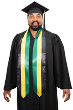 Jamaica graduation stole with Jamaican flag design, graduation sash worn over a graduation gown