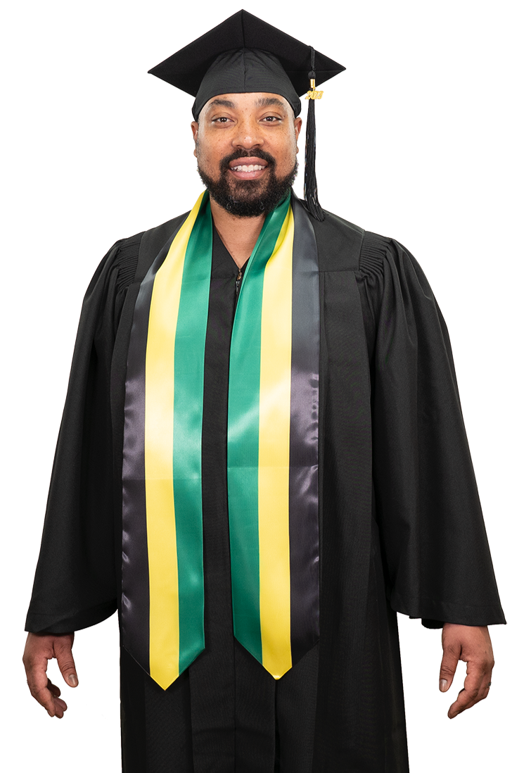 Jamaica graduation stole with Jamaican flag design, graduation sash worn over a graduation gown