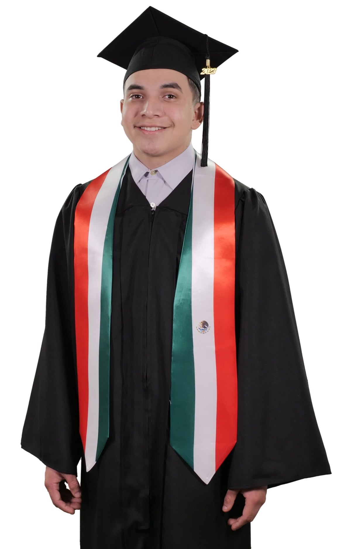 Mexico graduation stole with Mexican flag design, graduation sash worn over a graduation gown