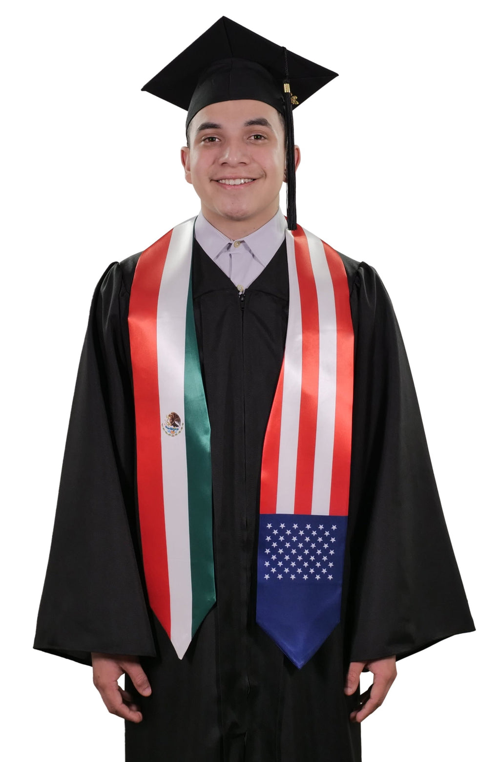 Mixed USA and Mexico graduation stole with American and Mexican flag design, graduation sash worn over a graduation gown
