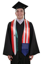 Mixed USA and Mexico graduation stole with American and Mexican flag design, graduation sash worn over a graduation gown