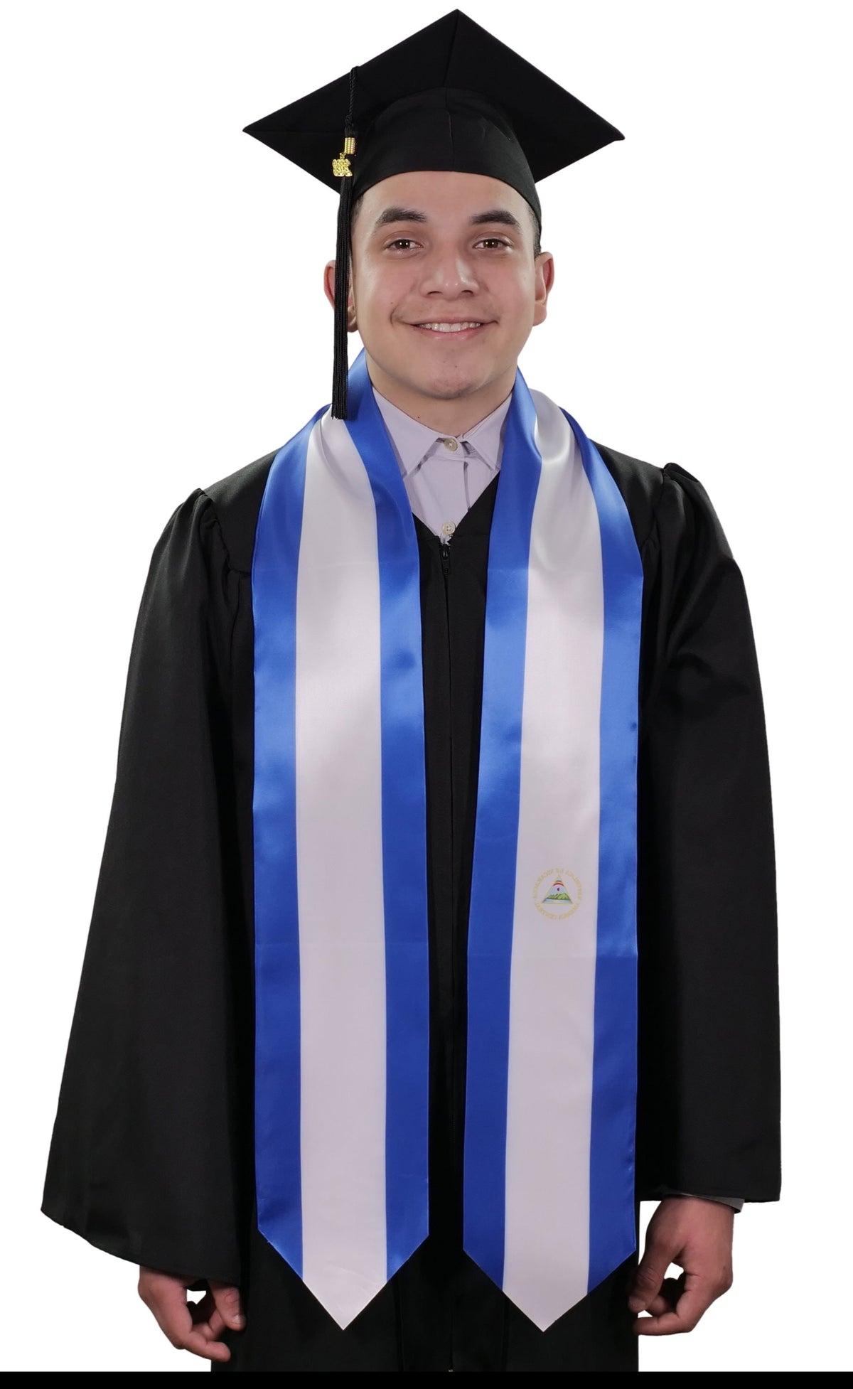 Nicaragua graduation stole with Nicaraguan flag design, graduation sash worn over a graduation gown