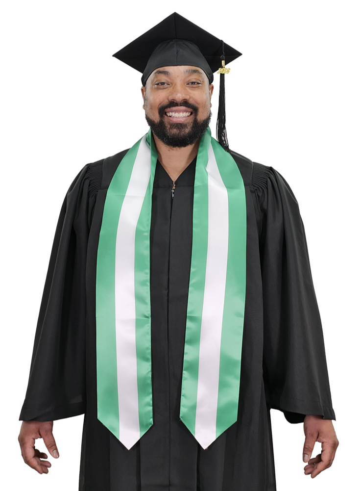 Nigeria graduation stole with Nigerian flag design, graduation sash worn over a graduation gown