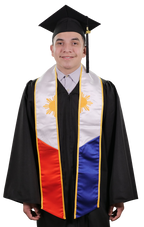 Philippines embroidered graduation stole with Filipino flag design, graduation sash worn over a graduation gown