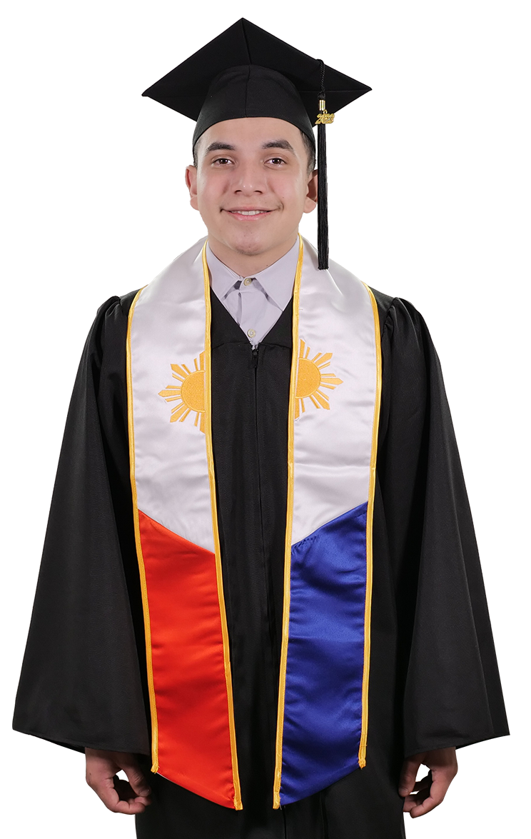 Philippines embroidered graduation stole with Filipino flag design, graduation sash worn over a graduation gown