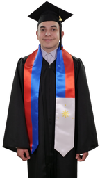 Philippines graduation stole with Filipino flag design, graduation sash worn over a graduation gown