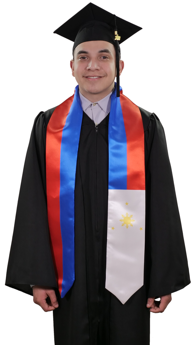 Philippines graduation stole with Filipino flag design, graduation sash worn over a graduation gown