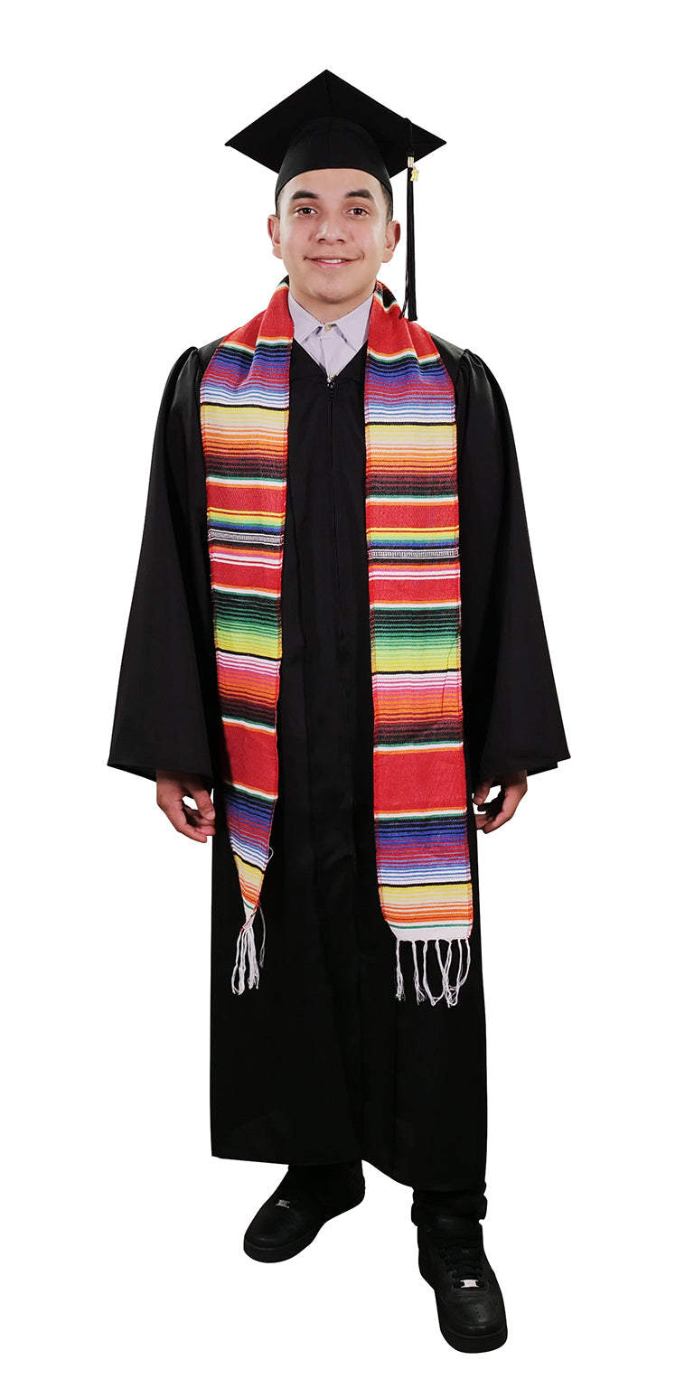 Red Mexican serape graduation stole sash with colorful woven stripes on a black background