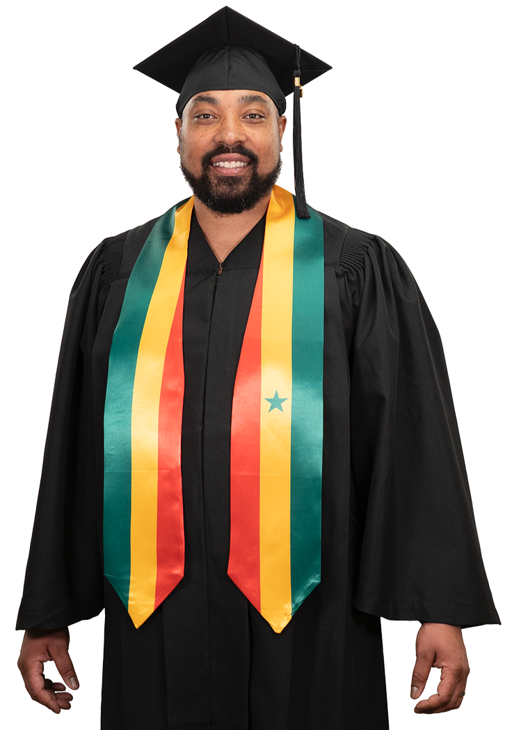 Senegal graduation stole with Senegalese flag design, graduation sash worn over a graduation gown