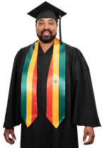 Senegal graduation stole with Senegalese flag design, graduation sash worn over a graduation gown