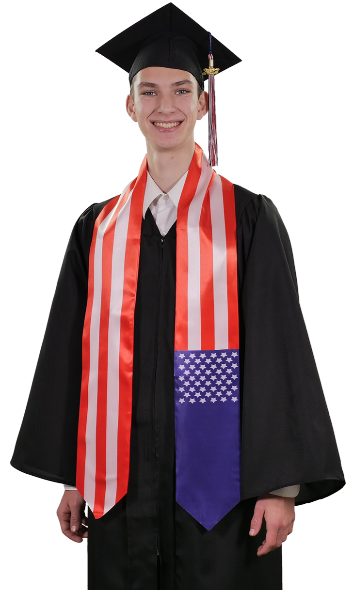 USA graduation stole with American flag design, graduation sash worn over a graduation gown