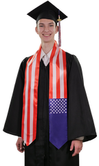 USA graduation stole with American flag design, graduation sash worn over a graduation gown