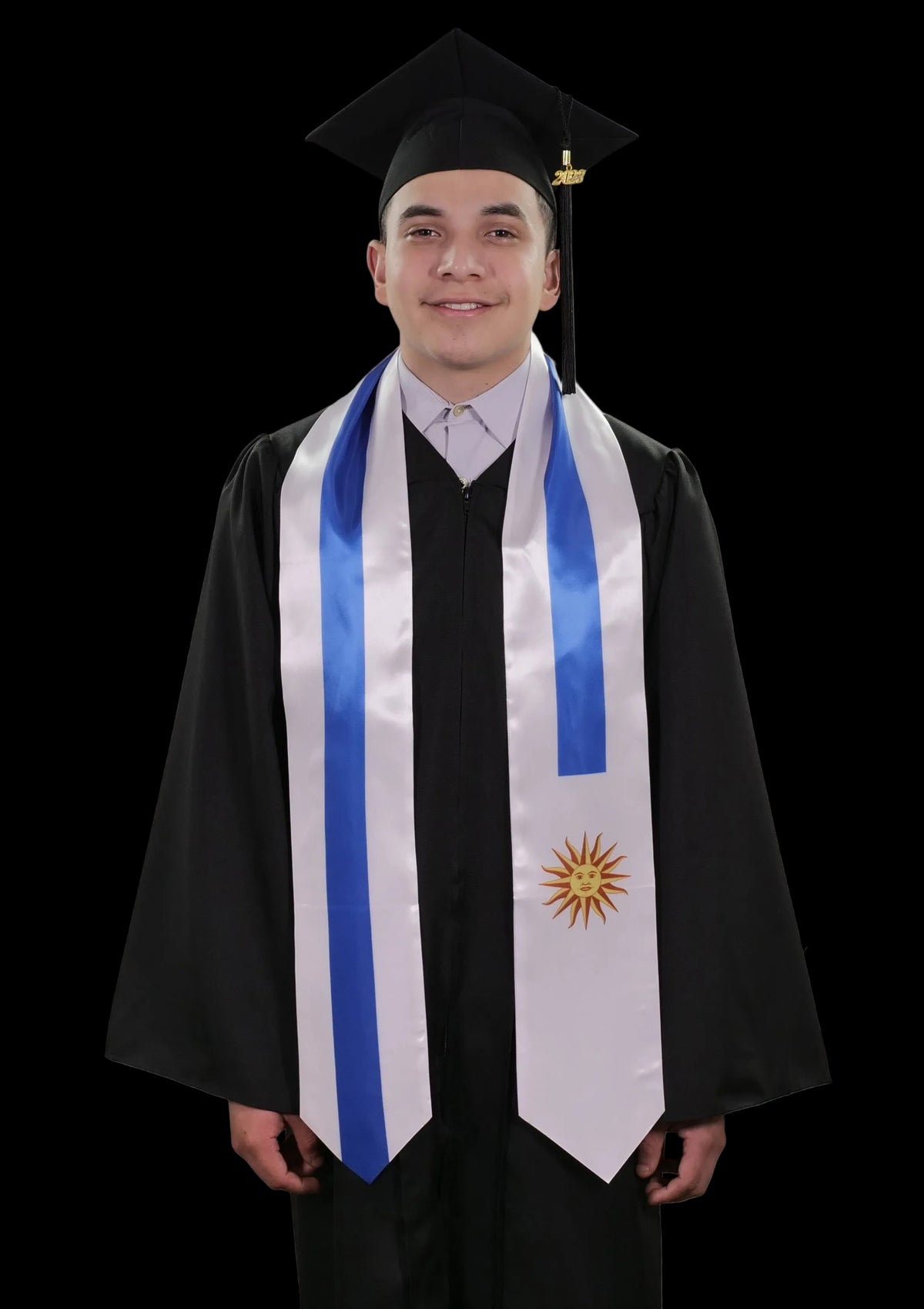 Uruguay graduation stole with Uruguayan flag design, graduation sash worn over a graduation gown